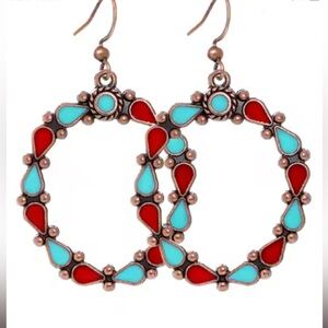 Colorful Turquoise  and Red Teardrop Enamel Hoop Earrings